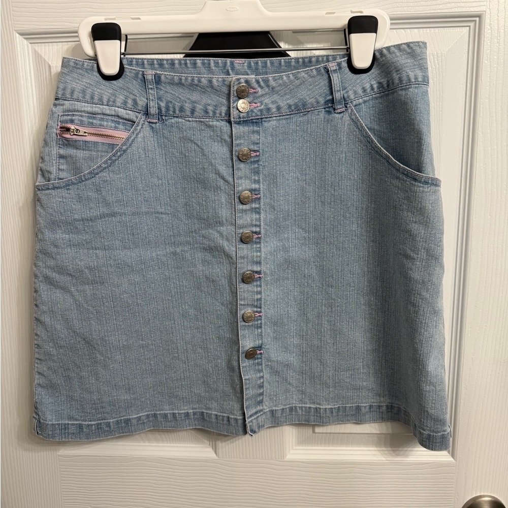 Y2K Lightwash Denim Jean Mini Skirt Pink Stitching Button Front Size 18 Plus